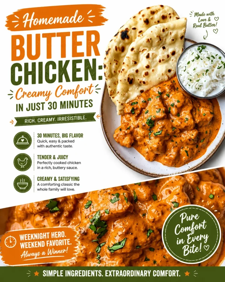 Homemade butter chicken dish served with rice and garnished with cilantro.