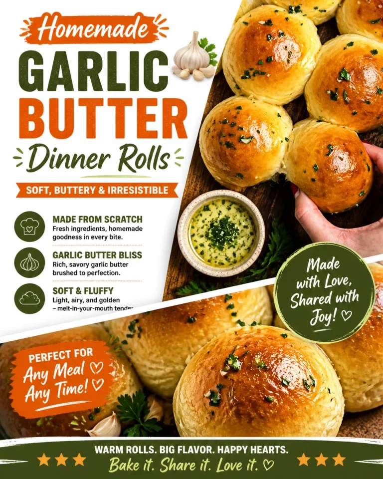 Freshly baked homemade garlic butter dinner rolls on a wooden table
