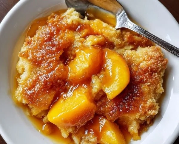 Delicious homemade peach cobbler served in a dish with fresh peaches and a golden crust