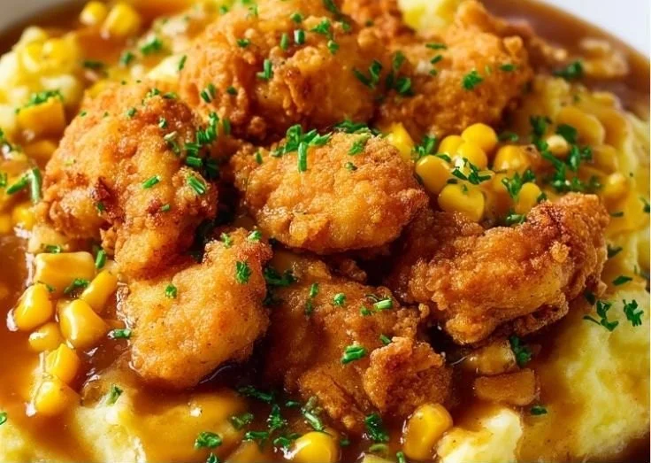 Delicious homestyle chicken mashed potato bowls topped with gravy and herbs.