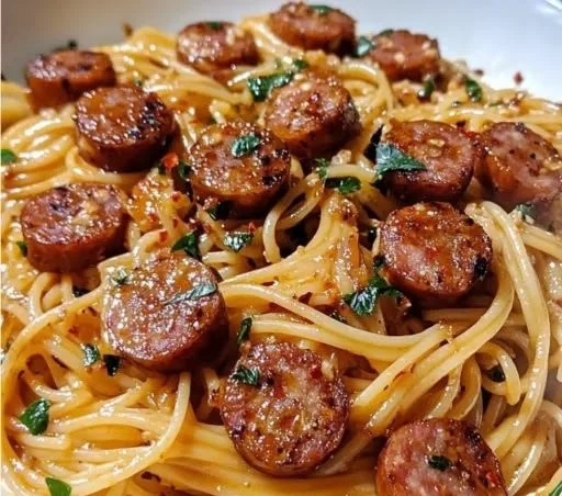 Plate of honey garlic sausage pasta topped with herbs and Parmesan cheese