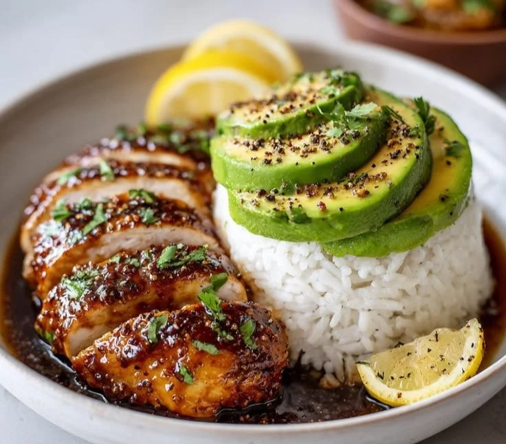 Honey lime chicken served on avocado rice dish