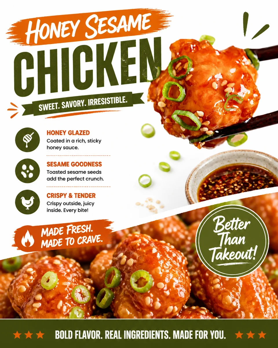 Delicious Honey Sesame Chicken served with sesame seeds and green onions.