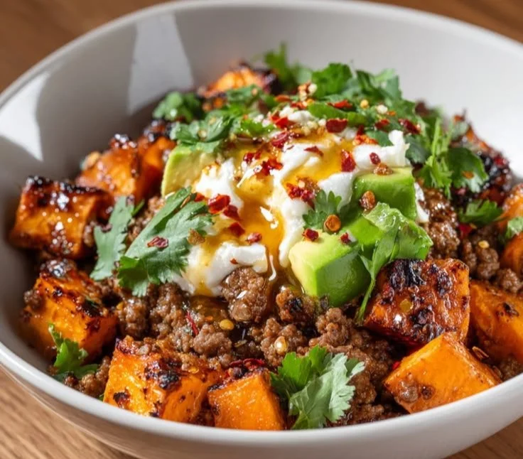 Hot Honey Beef Bowl with Sweet Potatoes, showcasing a delicious and spicy meal.