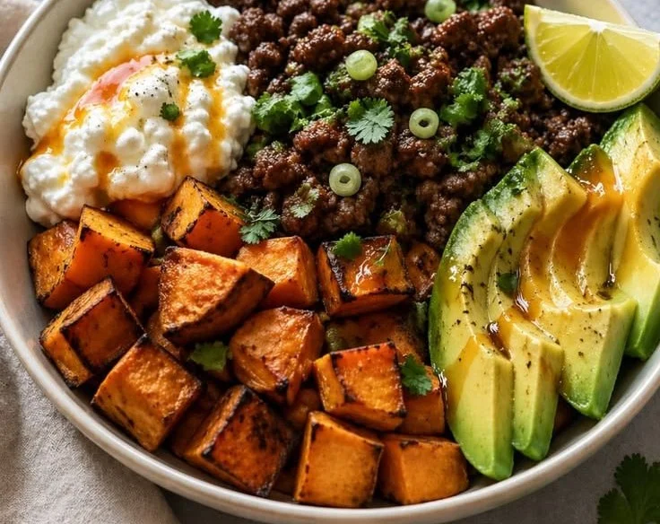 Hot Honey Cottage Cheese Sweet Potato Beef Bowl with fresh ingredients