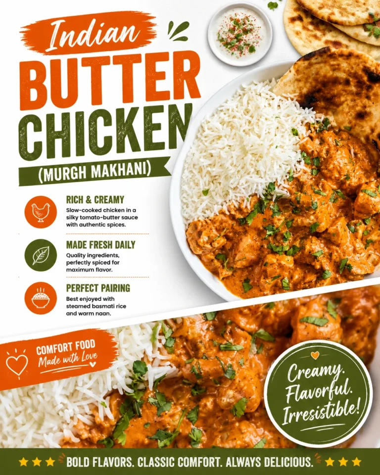 Delicious Indian Butter Chicken (Murgh Makhani) served with rice and naan.