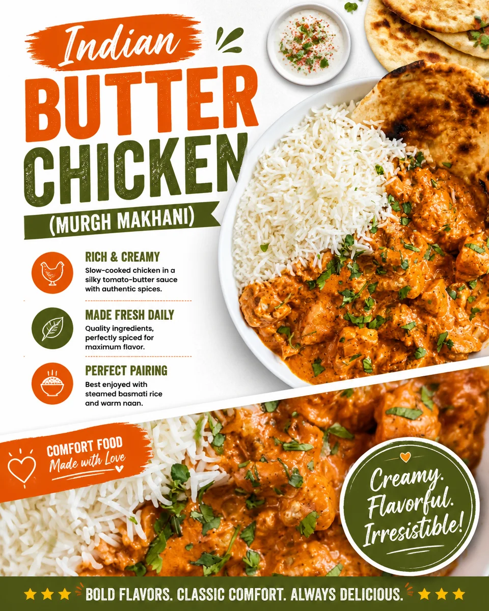 Delicious Indian Butter Chicken (Murgh Makhani) served with rice and naan.