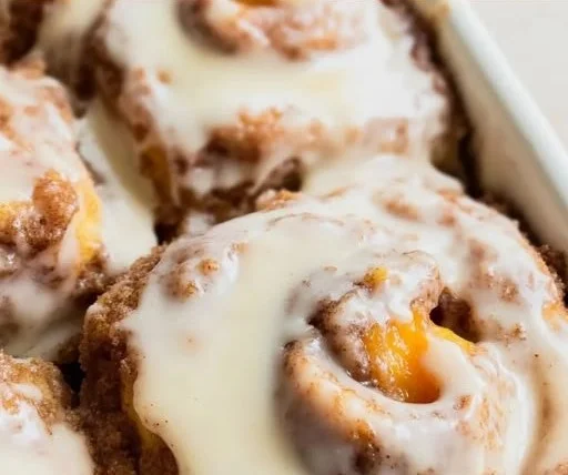 Delicious peach cobbler cinnamon rolls with gooey filling fresh from the oven.