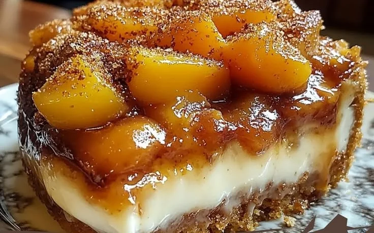 Slice of indulgent Peach Cobbler Cheesecake with a golden crust and peach topping