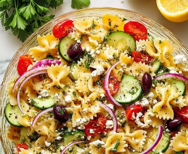 Delicious Mediterranean Pasta Salad with colorful veggies and olives