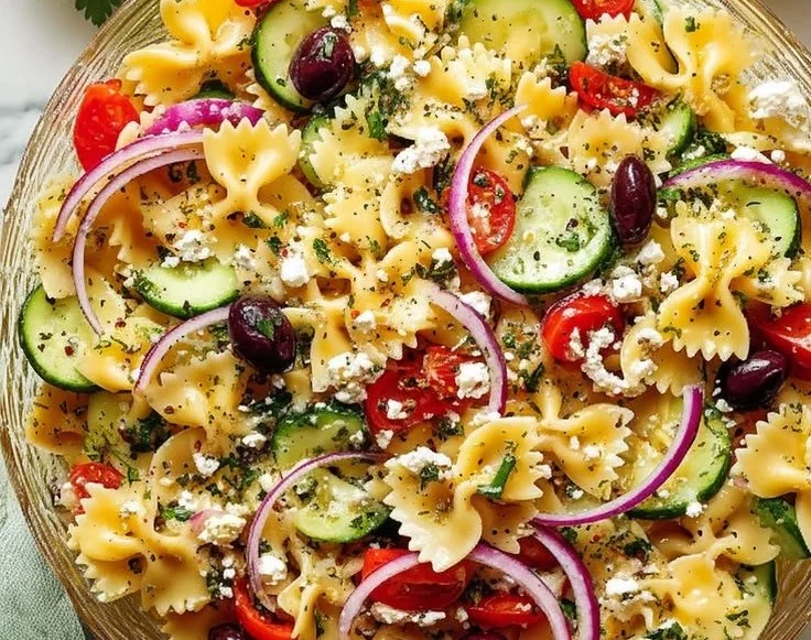 Delicious Mediterranean Pasta Salad with colorful vegetables and fresh herbs.