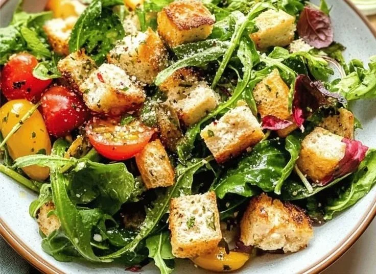 A colorful bowl of Spring Panzanella salad featuring fresh vegetables and bread.