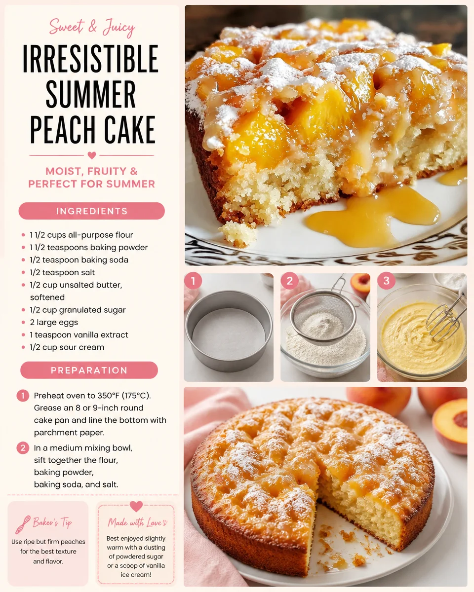Delicious slice of irresistible summer peach cake topped with fresh peaches