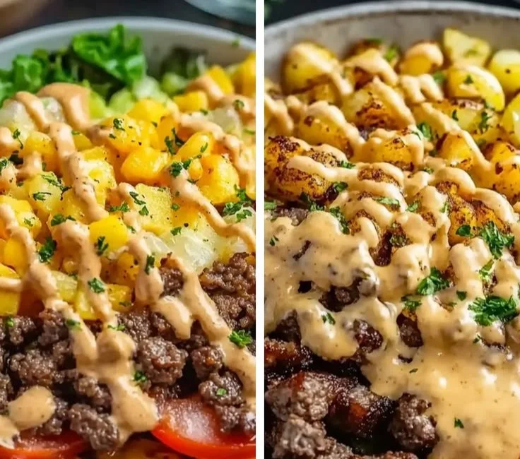 High protein burger bowls served with fresh toppings and vibrant ingredients.