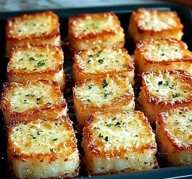 Creamy Parmesan onion appetizer squares served on a platter