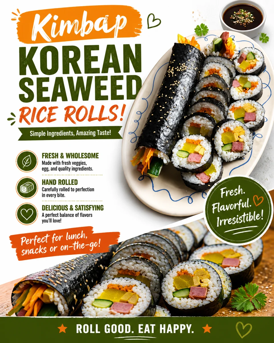 Colorful Kimbap, a traditional Korean seaweed rice roll filled with vegetables and meat.