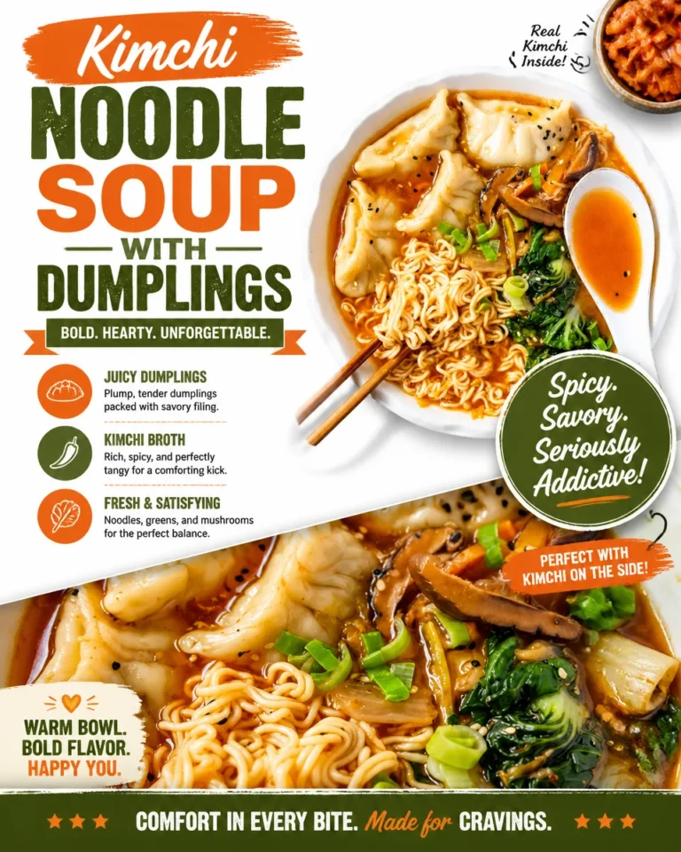 Bowl of kimchi noodle soup with dumplings and fresh ingredients
