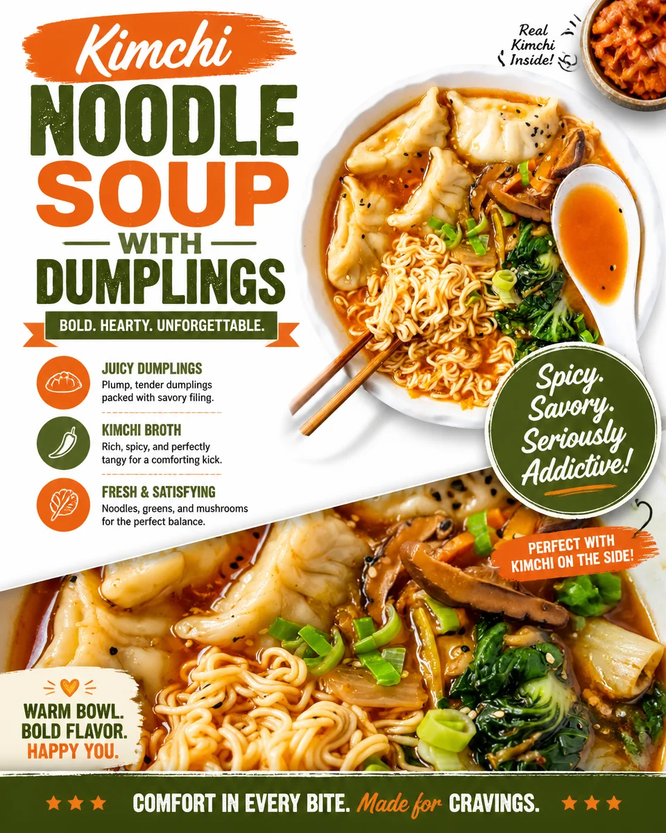 Bowl of kimchi noodle soup with dumplings and fresh ingredients