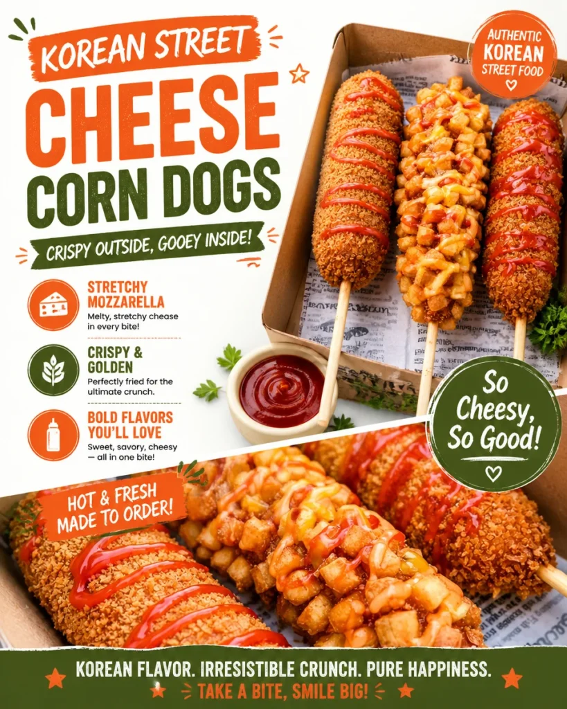 Korean street cheese corn dogs with gooey cheese and crispy batter