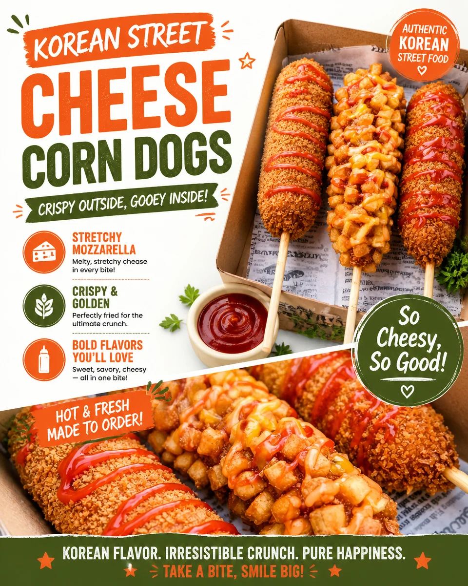 Korean street cheese corn dogs with gooey cheese and crispy batter