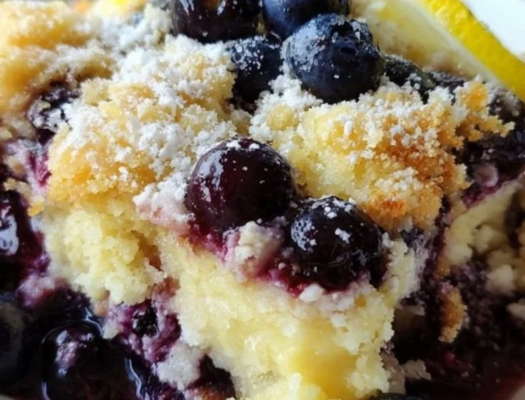 Lemon Blueberry Cheesecake Dump Cake topped with blueberries and lemon zest