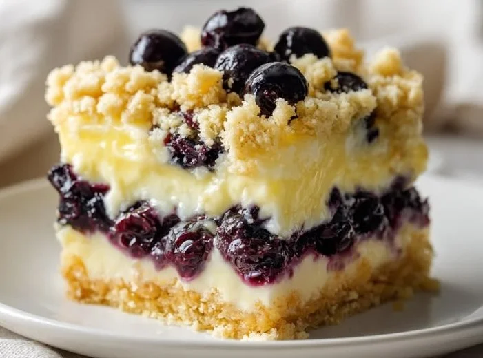 Lemon Cream Blueberry Crumble topped with a golden crumble and fresh blueberries