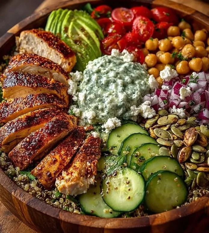Delicious loaded chicken avocado power bowl with fresh ingredients