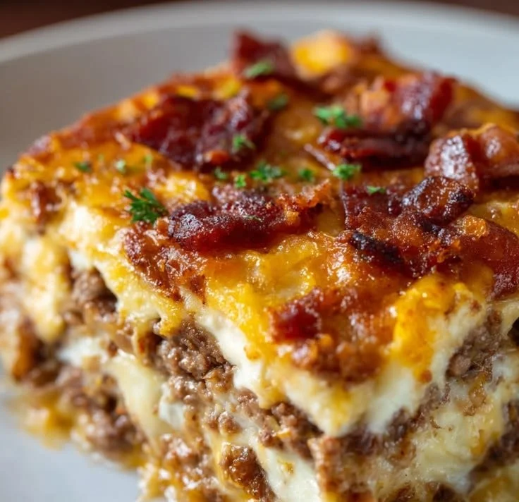 Low-carb bacon cheeseburger casserole topped with melted cheese and crispy bacon