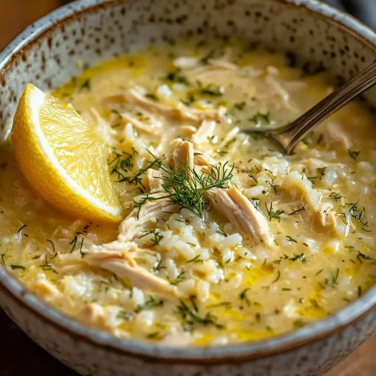 Bowl of Mediterranean Lemon Chicken Soup garnished with herbs and lemon slices