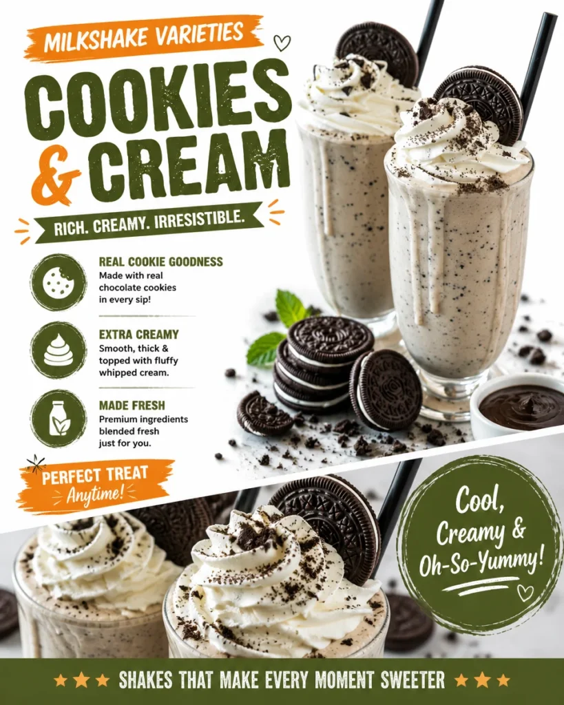 Assorted milkshake varieties with different flavors and toppings in colorful cups