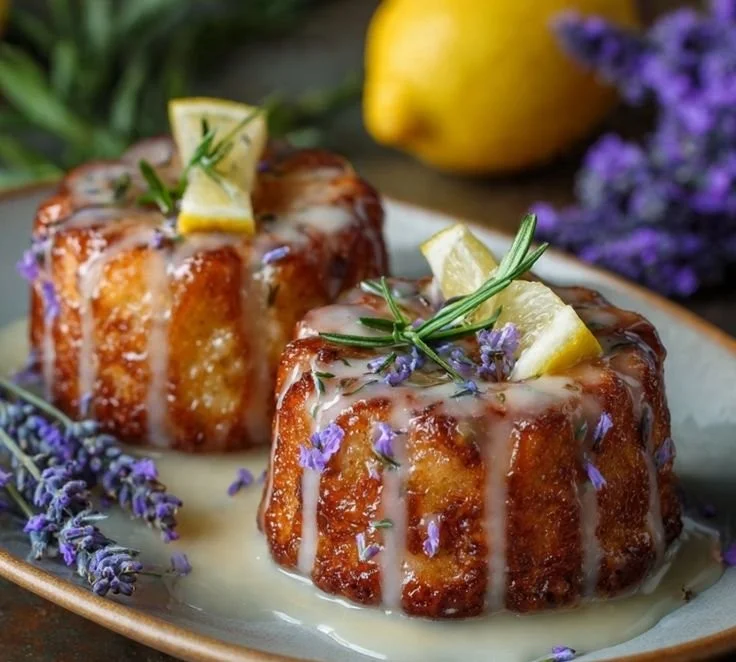 Mini lemon cakes with lavender glaze displayed on a plate