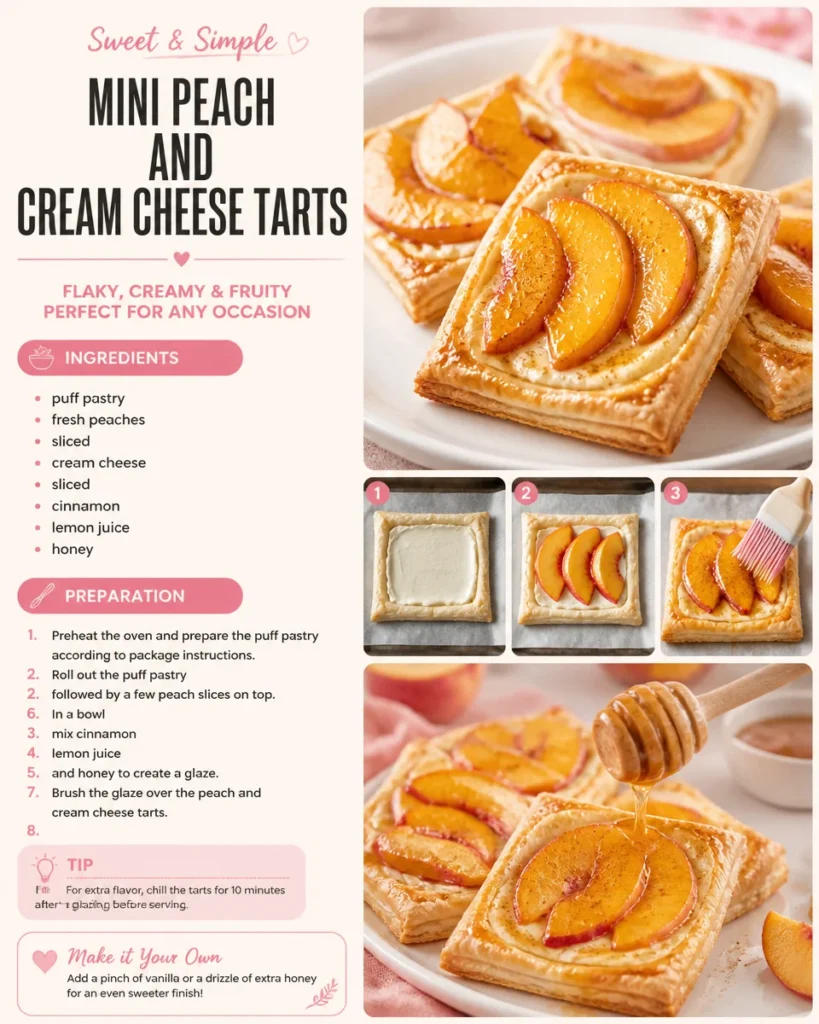 Mini peach and cream cheese tarts on a plate garnished with fresh peaches.