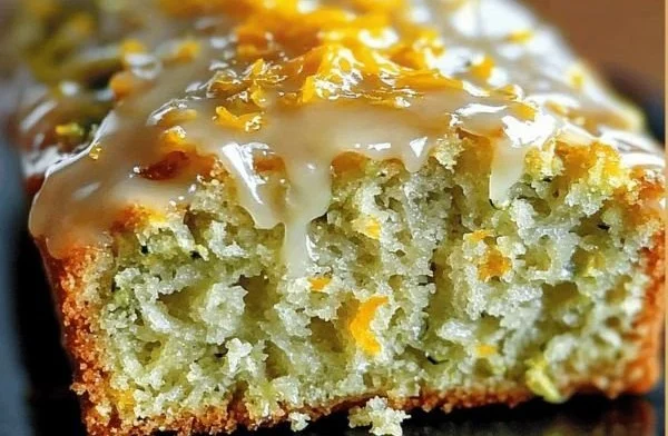 Slice of moist zucchini orange bread with orange zest on a wooden table