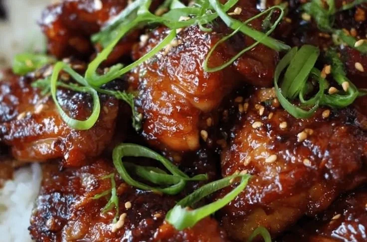 Plate of Mongolian Chicken Thighs garnished with green onions and sesame seeds