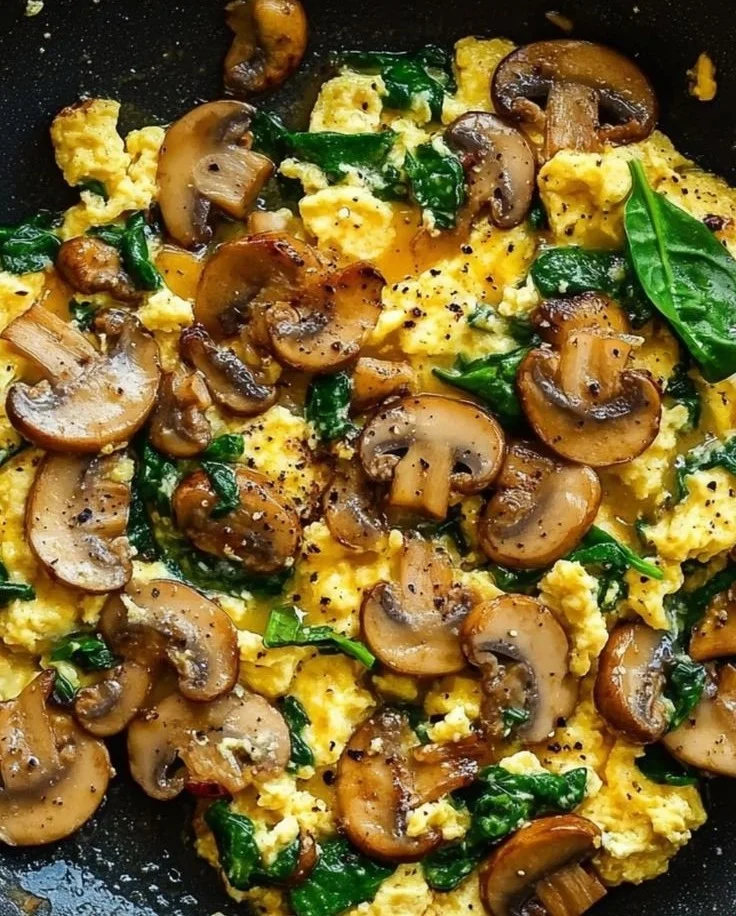 Delicious Mushroom Spinach Scrambled Eggs served on a plate