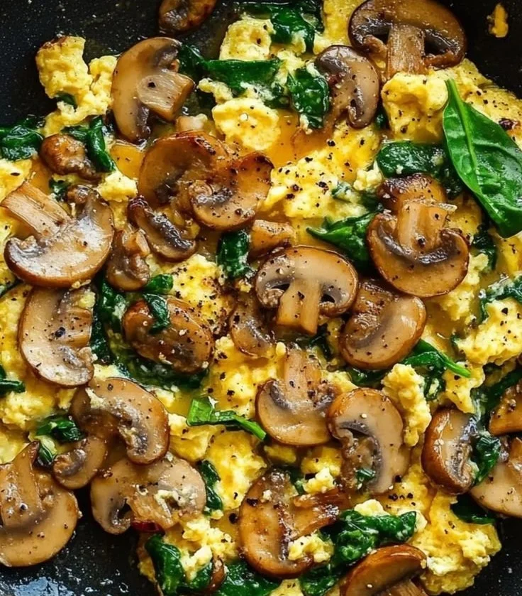 Mushroom spinach scrambled eggs on a plate, garnished with herbs.
