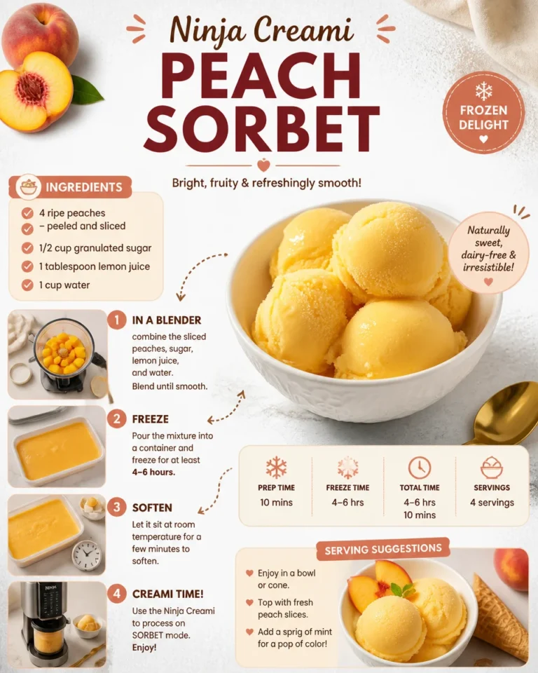 A bowl of homemade Peach Sorbet made with Ninja Creami, garnished with fresh peaches.