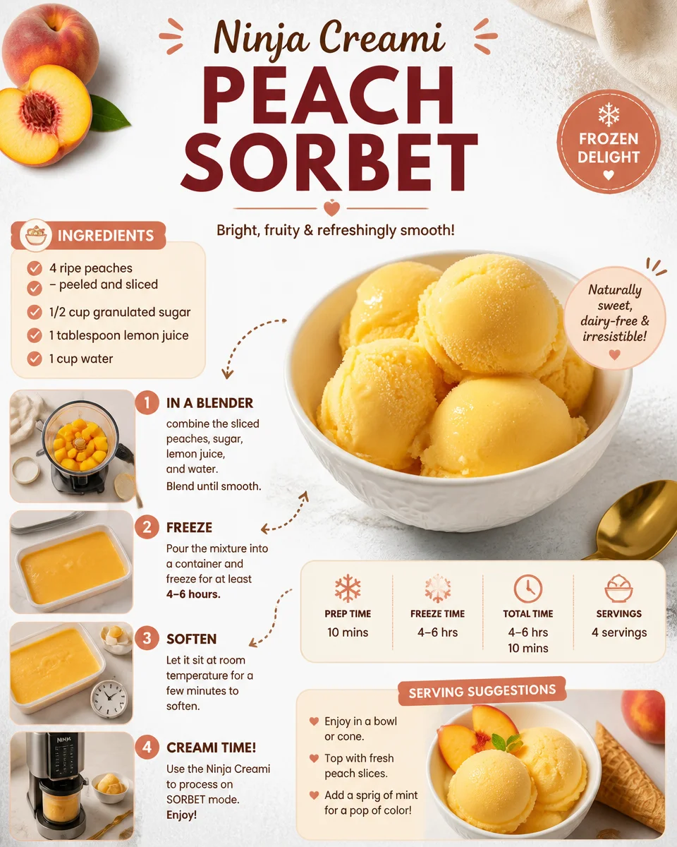 A bowl of homemade Peach Sorbet made with Ninja Creami, garnished with fresh peaches.