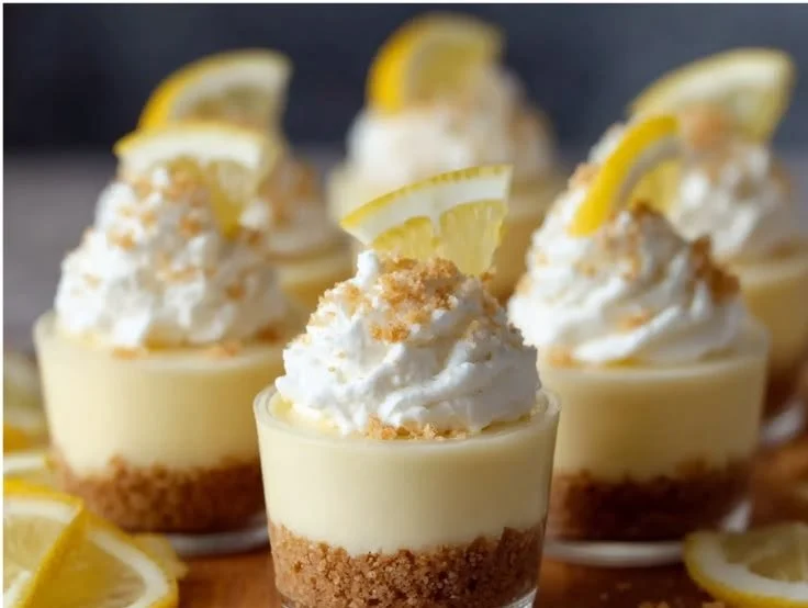 No bake mini lemon cheesecake cups served on a white plate