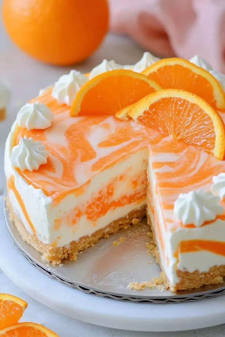 No-bake orange creamsicle cheesecake with a vibrant orange topping.