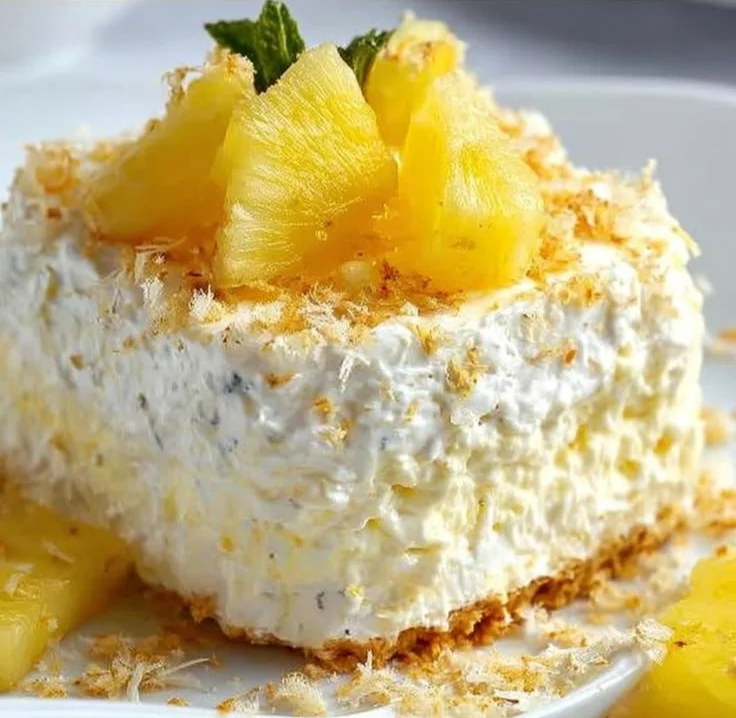 No bake pineapple cream dessert in a glass with pineapple slices and cream topping.