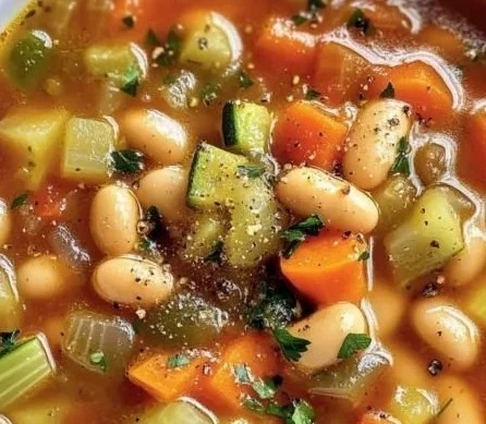 Bowl of Olive Garden inspired vegetable soup with fresh vegetables and herbs.