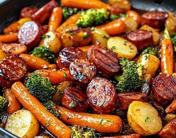One-Pan Honey Garlic Kielbasa with vibrant vegetables ready to serve.