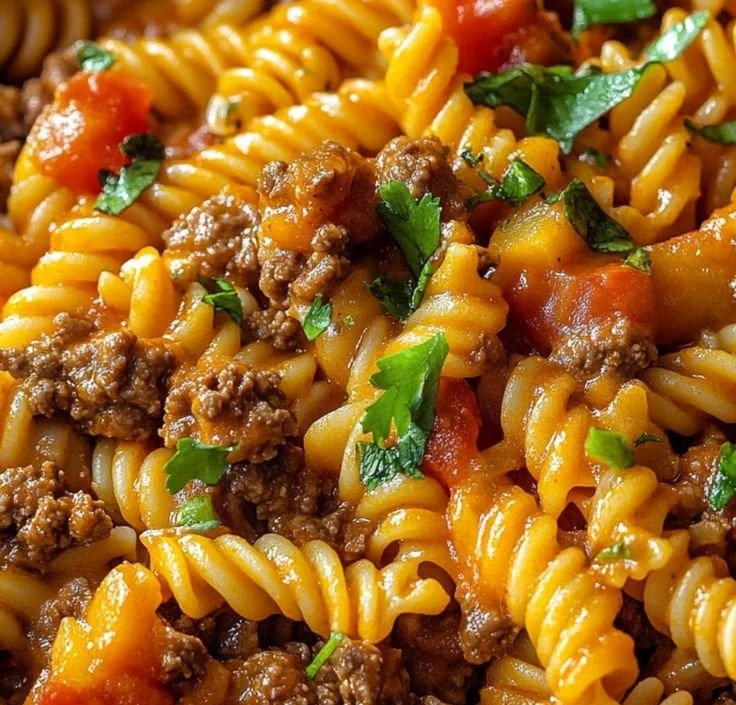 One Pot Beef Taco Pasta served in a bowl with toppings and seasonings