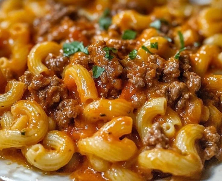 One Pot Beefaroni dish with pasta and beef in a skillet