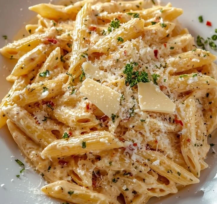 One Pot Creamy Garlic Pasta dish prepared in a skillet with garlic and cream sauce.