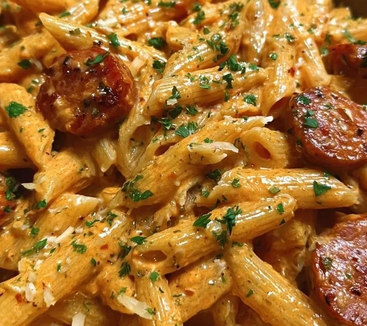 Creamy spicy Cajun sausage pasta in a bowl with herbs and spices.