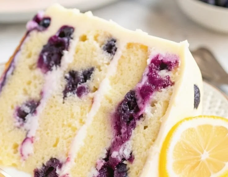 Delicious lemon blueberry cake with fresh blueberries and zesty lemon frosting.