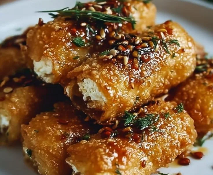 Delicious oven-fried feta rolls drizzled with sweet chili honey