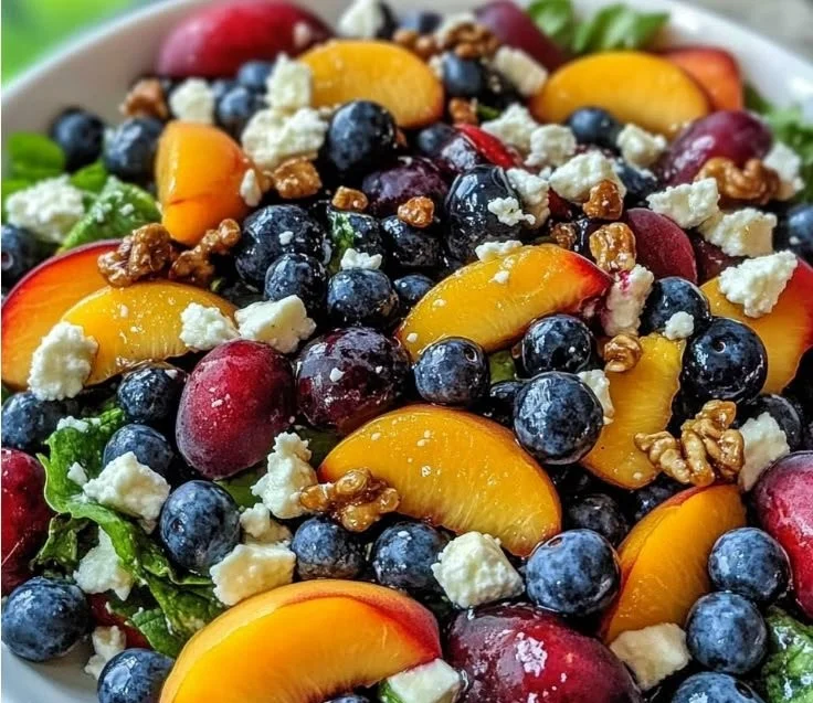 Delicious Peach Blueberry Salad with fresh fruits in a bowl